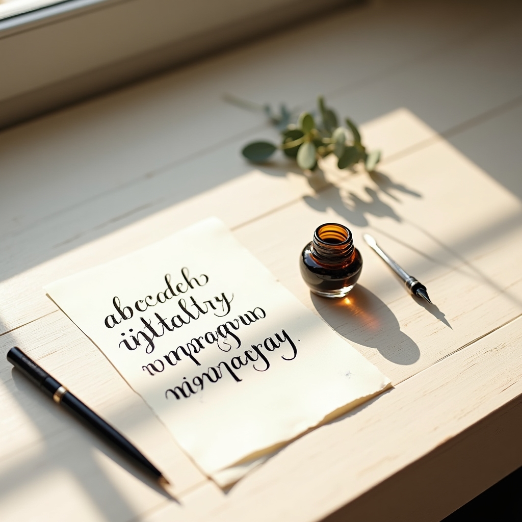 Calligraphy desk with dip pen, ink, and practice paper laid out neatly
