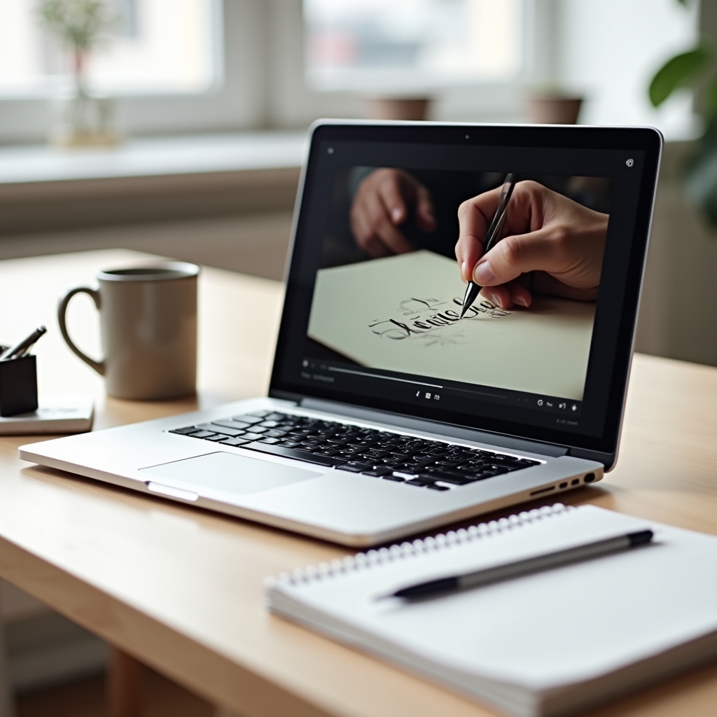 Laptop screen showing a calligraphy video lesson with instructor demonstrating pen technique close-up