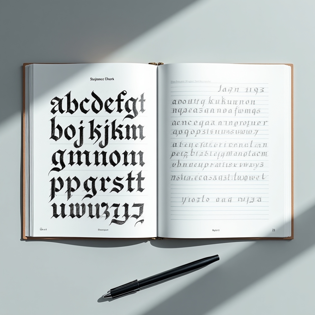 Printed calligraphy workbook open showing practice grids and letterform guides
